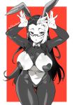 1girl \||/ animal_ears artist_name black_bodysuit black_hair bodysuit bow bowtie breasts breasts_out bunny_pose cameltoe closed_mouth commission cowboy_shot dot_nose fake_animal_ears forehead glasses greyscale greyscale_with_colored_background hands_up heart_pasties highres large_breasts long_hair meme_attire monochrome multicolored_hair navel original pasties red_background reverse_bunnysuit reverse_outfit simple_background solo tamada_heijun thigh_gap two-tone_background two-tone_hair white_background white_bow white_bowtie white_hair 