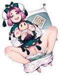  1girl :d aqua_panties bakura_(tsugumomo) bar_censor breasts censored character_doll clothes_pull commentary_request female_pubic_hair hamada_yoshikazu hat highres hikimayu kagami_kazuya looking_at_viewer nipples open_mouth panties pants pants_pull panty_pull pillow pink_nails pubic_hair purple_eyes purple_hair pussy short_hair simple_background smile solo sparse_pubic_hair spread_legs tassel tsugumomo underwear white_background 