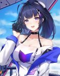  1girl :d absurdres ahoge bangs bare_shoulders black_gloves blue_sky breasts cleavage cloud cloudy_sky gloves highres honkai_(series) honkai_impact_3rd jacket large_breasts long_hair long_sleeves looking_at_viewer off-shoulder_shirt off_shoulder open_mouth ponytail purple_eyes purple_hair raiden_mei raiden_mei_(striker_fulminata) shirt sky smile solo upper_body white_jacket white_shirt wu_ganlan_cai 