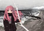  1girl bangs bare_tree beach black_jacket blush branch cloud cloudy_sky commentary_request covered_mouth cowboy_shot grabbing hair_between_eyes hand_in_pocket highres holding jacket long_hair long_sleeves looking_at_viewer mountain ocean open_clothes open_jacket original pants pink_hair purple_eyes sky snow solo standing tree winter zinbei zipper 