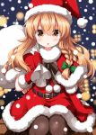  1girl :o belt black_belt blonde_hair blush bow braid brown_pantyhose brown_ribbon capelet commentary_request completion_time dress feet_out_of_frame fur-trimmed_capelet fur-trimmed_dress fur-trimmed_gloves fur-trimmed_headwear fur_trim gloves green_bow hair_between_eyes hair_bow hat highres holding holding_sack kirisame_marisa long_hair looking_at_viewer neck_ribbon night open_mouth outdoors pantyhose red_capelet red_gloves red_hat ribbon ruu_(tksymkw) sack santa_costume santa_dress santa_hat single_braid sitting snowflakes solo touhou winter yellow_eyes 