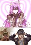  3boys armor black_choker black_coat black_gloves blowing_kiss blue_eyes blue_ribbon brown_eyes caelus_(honkai:_star_rail) choker coat collarbone cosplay crossdressing crossdressing_(mtf) crossed_bangs cyrene_(demiurge)_(honkai:_star_rail) cyrene_(honkai:_star_rail) cyrene_(honkai:_star_rail)_(cosplay) detached_sleeves dress english_commentary eva0951120 flower gloves grey_armor grey_hair hair_between_eyes hair_flower hair_ornament hair_ribbon hand_up hands_on_own_head hands_up heart heart_background helmet highres honkai:_star_rail honkai_(series) hood hooded_coat lapels leaf_hair_ornament lips long_hair long_sleeves looking_at_viewer lygus_(honkai:_star_rail) male_focus mechanical_arms meme multicolored_ribbon multiple_boys open_mouth phainon_(honkai:_star_rail) pink_hair pink_ribbon purple_flower purple_rose ribbon robot rose shirt shocked_black_guy_(meme) short_hair short_sleeves shoulder_armor simple_background sleeveless sleeveless_dress t-shirt teeth thousand_yard_stare tongue trailblazer_(honkai:_star_rail) two-sided_coat two-sided_fabric upper_body white_background white_dress white_shirt white_sleeves wide-eyed yellow_coat yellow_ribbon 