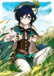  1boy absurdres androgynous aqua_gem argyle_clothes argyle_pantyhose artist_name ascot belt beret black_bow black_bowtie black_hair blue_hair blue_sky blush border bow bowtie braid brown_belt brown_corset buttons cape closed_mouth cloud cloudy_sky collared_cape commentary corset day english_commentary feet_out_of_frame floating_cape flower frills gem genshin_impact gradient_hair grass green_cape green_hat green_shorts hair_between_eyes hand_up hat hat_flower hat_ornament highres holding jewelry leaf_hat_ornament lkari_shi long_sleeves looking_down male_focus multicolored_hair outdoors outside_border pantyhose pendant puffy_long_sleeves puffy_sleeves shirt short_hair shorts sky smile solo striped_bow striped_bowtie striped_clothes twin_braids two-sided_cape two-sided_fabric venti_(genshin_impact) watermark weeds white_ascot white_border white_pantyhose white_shirt yellow_cape 