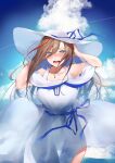  1girl absurdres bare_shoulders blue_bow blue_eyes blue_ribbon blue_sash blue_sky blush bow breasts brown_hair cloud contrail cowboy_shot cumulonimbus_cloud day dress hair_between_eyes hair_down hand_on_headwear hat highres jewelry kurusu_natsume long_hair looking_at_viewer multicolored_hair necklace nijisanji nose_blush off-shoulder_dress off_shoulder red_hair red_ribbon ribbon sash see-through_silhouette sky solo streaked_hair sun_hat sundress thigh_gap virtual_youtuber white_dress wind wind_lift yuki_maccha_(yukimattya10) 