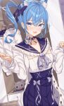  1girl :d absurdres animal_ear_fluff animal_ears bangs blue_bow blue_choker blue_eyes blue_hair blue_ribbon blue_sailor_collar blue_skirt blush bow cat_ears choker clothes_hanger cosplay fang frilled_sailor_collar frills hair_between_eyes hair_bow highres hololive hoshimachi_suisei indoors jacket looking_at_viewer minato_aqua minato_aqua_(cosplay) neck_ribbon neko_(minato_aqua) open_clothes open_jacket ribbon ribbon_choker sailor_collar shirt side_ponytail skin_fang skirt smile solo standing star_(symbol) star_in_eye symbol_in_eye virtual_youtuber wardrobe white_jacket white_shirt yozora_(1wkdgusdn) 