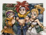  1boy 2girls :d aqua_eyes artist_name ascot bag bare_shoulders belt blonde_hair chain chrono_trigger clenched_teeth commentary cowboy_shot crono_(chrono_trigger) glasses green_bag hand_on_hip handbag helmet high_ponytail highres holding_another&#039;s_arm looking_at_viewer lucca_ashtear marle_(chrono_trigger) multiple_girls muscular muscular_male one_eye_closed open_mouth outdoors purple_hair red_hair shadow smile spiked_hair sword teeth thick_eyebrows tunic upper_teeth uzutanco weapon yellow_ascot 