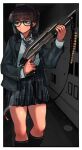  1girl ammunition black_hair blazer blue_eyes blunt_bangs cb_(c-board) glasses gun highres holding holding_gun holding_weapon jacket jimiko kneehighs long_hair necktie original plaid_clothes plaid_skirt pleated_skirt pump_action school_uniform shotgun shotgun_shell skirt socks solo trigger_discipline weapon 