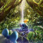  animal_focus bathing blurry blurry_foreground blush_stickers bush chromatic_aberration closed_eyes ekm fern froakie full_body green_background happy moss no_humans open_mouth over_shoulder plant pokemon pokemon_(creature) sitting smile sobble solo_focus tree u_u vines water waterfall 