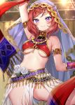  1girl alternate_costume arm_up armlet ayaoshiro blush bracelet breasts circlet cleft_of_venus closed_mouth dancer flower gold_belt groin highres jewelry looking_at_viewer love_live! medium_breasts medium_hair navel neck_ring nishikino_maki pelvic_curtain purple_eyes red_hair red_shirt rose shirt smile solo stomach sweat tassel thighs v-shaped_eyebrows white_flower white_rose 