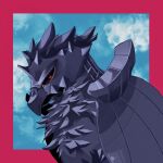  bird black_sclera border cloud colored_sclera commentary_request corviknight from_side gogot highres no_humans pink_border pokemon pokemon_(creature) red_eyes sky solo 
