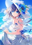  1girl artist_name bare_back bare_shoulders blue_eyes blue_hair blue_sky blush breasts cloud cloudy_sky commentary_request cumulonimbus_cloud detached_sleeves dress flower gown hat hat_flower highres looking_at_viewer mountain neck_ribbon ocean original oshio_(dayo) outdoors puffy_short_sleeves puffy_sleeves ribbon short_hair short_sleeves signature skirt skirt_hold sky smile solo sun_hat sundress sweat 