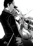 1boy 1girl absurdres baseball_cap blunt_bangs blush buzz_cut choker cowboy_shot dress frilled_choker frilled_hairband frills greyscale hair_ribbon hairband hand_on_another's_chest hat height_difference hetero highres hug iori_junpei jacket knife_in_head lolita_fashion lolita_hairband long_hair long_sleeves monochrome object_through_head parted_lips persona persona_3 ribbon sa1meunegg short_hair sidelocks simple_background tress_ribbon very_short_hair white_background yoshino_chidori 
