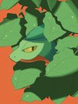  brown_eyes closed_mouth colored_sclera commentary_request from_side gogot grovyle highres leaf looking_back no_humans orange_background pokemon pokemon_(creature) simple_background solo yellow_sclera 