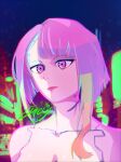  1girl bangs bare_shoulders blurry blurry_background bob_cut breasts closed_mouth collarbone cyberpunk cyberpunk_edgerunners facing_viewer highres looking_at_viewer lucy_(cyberpunk_edgerunners) m111rooo medium_breasts multicolored_hair purple_eyes self_upload short_hair signature solo 