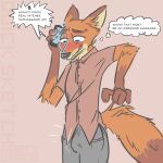  2022 anthro black_nose blush bottomwear brown_body brown_fur bulge canid canine canis claws clothed clothing dialogue digital_drawing_(artwork) digital_media_(artwork) digital_painting_(artwork) disney english_text erection erection_under_clothing eyebrows eyelashes fingers fluffy fluffy_ears fluffy_tail fox fox_tail fur fur_markings grey_bottomwear grey_clothing grey_pants hi_res holding_object holding_phone inner_ear_fluff long_tail male mammal markings multicolored_body multicolored_fur multicolored_tail nick_wilde open_mouth orange_body orange_fur pants phone phone_call prick_ears shaded shirt signature simple_background simple_coloring simple_eyes simple_shading sketch sketchy snout solo speech_bubble sweet.lemons tan_body tan_fur text thinking topwear tuft two_tone_body two_tone_fur two_tone_tail zootopia 