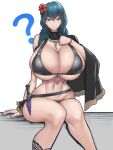  1girl ? absurdres bikini breasts byleth_(fire_emblem) byleth_(fire_emblem)_(female) byleth_(summer)_(fire_emblem)_(female) cleavage fire_emblem fire_emblem_heroes flower hair_ornament hibiscus highres huge_breasts navel purple_eyes simple_background sitting swimsuit white_background wolffeld_price 