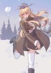  1girl alternate_costume black_boots blonde_hair blue_eyes blush boots breasts brown_coat brown_scarf brown_skirt coat foot_out_of_frame hair_between_eyes headgear himeyamato iowa_(kancolle) kantai_collection large_breasts leg_up long_hair long_sleeves open_mouth pink_sweater scarf skirt smile snow snowball solo star-shaped_pupils star_(symbol) sweater symbol-shaped_pupils thighhighs throwing white_thighhighs 
