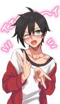  1boy ahoge asymmetrical_bangs bangs black_hair blush cardigan collarbone commentary_request ear_piercing glasses green_eyes hair_between_eyes hands_up highres idolmaster idolmaster_side-m iseya_shiki long_sleeves looking_at_viewer male_focus one_eye_closed open_mouth piercing pink-framed_eyewear red_cardigan saito_katuo semi-rimless_eyewear shirt short_hair smile solo text_background translation_request upper_body v v-shaped_eyebrows white_background white_shirt 