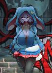  1girl absurdres alternate_costume animal_hood black_pantyhose breasts eyeball highres hood komeiji_satori large_breasts open_clothes pantyhose pink_hair purple_eyes rabbit_hood scavia10 short_hair solo third_eye touhou 