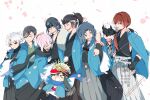  1girl 6+boys aqua_haori arm_around_shoulder arm_guards black_hair black_hakama black_kimono black_scarf blue_scarf closed_eyes curtained_hair fate/grand_order fate_(series) forehead_protector fur_shawl gloves green_kimono grey_hair grey_hakama hair_pulled_back hakama hand_on_another's_head hand_on_another's_shoulder haori haori_on_shoulders harada_sanosuke_(fate) harada_sanosuke_(teal_haori_and_hakama)_(fate) headband highres hijikata_toshizou_(fate) hijikata_toshizou_(teal_haori_and_hakama)_(fate) japanese_clothes kimono kondou_isami_(fate) long_hair low_ponytail m0m0kawa2 medium_sideburns mini_nobu_(fate) multiple_boys nagakura_shinpachi_(fate) nagakura_shinpachi_(third_ascension)_(fate) oda_nobunaga_(fate) okita_souji_(fate) okita_souji_(teal_haori_and_hakama)_(fate) open_mouth partially_fingerless_gloves pink_hair ponytail red_hair saitou_hajime_(fate) saitou_hajime_(third_ascension)_(fate) scar scar_on_cheek scar_on_face scar_on_forehead scarf shawl shinsengumi_(fate) short_ponytail sideburns sleeveless sleeveless_kimono smile spiked_headband tasuki toudou_heisuke_(fate) toudou_heisuke_(third_ascension)_(fate) watermark wavy_hair white_background white_hair white_hakama white_kimono yamanami_keisuke_(fate) yamanami_keisuke_(third_ascension)_(fate) 