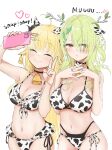  2girls absurdres animal_ears animal_print antlers arm_up bangs bell bikini black_choker blonde_hair blush branch breasts cellphone ceres_fauna choker closed_eyes closed_mouth cow_ears cow_print cowbell dot_nose ear_tag extra_ears flower furrowed_brow green_hair hair_flower hair_ornament hands_up heart highres holding holding_phone hololive hololive_english horns interlocked_fingers large_breasts layered_bikini leaf long_hair mole mole_under_eye multiple_girls navel neck_bell phone sanutaros selfie sheep_horns simple_background smartphone stomach straight_hair swimsuit taking_picture tsunomaki_watame v very_long_hair virtual_youtuber wavy_hair white_background white_flower yellow_eyes 