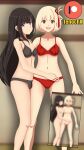  absurdres black_hair blonde_hair highres hug inoue_takina lingerie lycoris_recoil nishikigi_chisato pale_skin patreon_logo self_upload shy_gal tenochx underwear yuri 