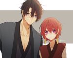  1boy 1girl akatsuki_no_yona azs_kn black_hair blue_eyes border clothing_request facing_viewer grey_background hak_(akatsuki_no_yona) japanese_clothes looking_ahead looking_at_viewer open_mouth purple_eyes red_hair short_hair twitter_username white_border yona_(akatsuki_no_yona) 