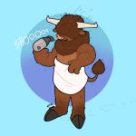  absurd_res anthro bison blue_background bovid bovine brown_body brown_fur brown_hair curled_hair dryer english_text fur hair hair_dryer hair_over_eyes hi_res hooves male mammal neck_tuft onomatopoeia simple_background smile solo sound_effects tail_tuft text the_xing1 towel towel_around_waist towel_only tuft water_drop water_drops wet wet_body wet_fur 