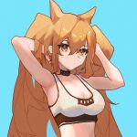  1girl absurdres angelina_(arknights) animal_ears arknights black_collar blue_background brown_eyes brown_hair collar extra_ears fox_ears fox_girl hair_between_eyes hands_in_hair highres huajiaohaibao infection_monitor_(arknights) long_hair looking_at_viewer midriff official_alternate_costume simple_background sports_bra twintails upper_body very_long_hair white_sports_bra 
