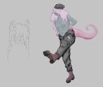  anthro beanie blair_(heademptyrat) boots braces clothed clothing covered_eyes ear_piercing facial_piercing female footwear gynomorph hair hair_over_eyes hat heademptyrat headgear headwear hi_res intersex mammal midriff murid murine navel navel_piercing nipple_piercing nipples nose_piercing piercing putting_on_clothes rat rodent shoes solo topless 