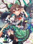  1girl bird_wings black_wings bow breasts cape chest_jewel feathered_wings frills garter_straps green_bow green_skirt hair_bow highres long_hair red_eyes reiuji_utsuho skirt solo starry_sky_print thighhighs touhou toutenkou weapon white_cape wings 