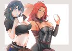  2girls arm_up blue_eyes breasts byleth_(fire_emblem) byleth_(fire_emblem)_(female) cleavage cup fire_emblem fire_emblem:_three_houses hapi_(fire_emblem) highres ihsnet lips looking_at_viewer medium_breasts multiple_girls navel pantyhose shorts upper_body 