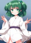 1girl blue_background blunt_bangs blush bucket closed_mouth commentary_request completion_time cowboy_shot gradient_background green_eyes green_hair hair_bobbles hair_ornament hands_up highres japanese_clothes kimono kisume long_sleeves looking_at_viewer ruu_(tksymkw) short_hair smile solo touhou two_side_up white_kimono wide_sleeves 
