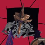  aegislash blurry border commentary_request gogot highres no_humans pokemon pokemon_(creature) purple_eyes purple_ribbon red_border ribbon shield skeleton solo sword weapon 