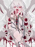  :&gt;= albino blood cthulhu_mythos detached_sleeves extra_eyes flat_chest long_hair long_tongue looking_at_viewer open_mouth personification red_eyes red_nails sharp_teeth teeth tongue tongue_out white_hair yaemugura 