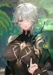  1boy 1girl ahoge alhaitham_(genshin_impact) bangs blush breasts cape closed_mouth covered_nipples gem genderswap genderswap_(mtf) genshin_impact green_eyes green_hair grey_hair hair_between_eyes hair_over_one_eye hand_grab highres hominamia jewelry large_breasts looking_at_viewer multicolored_hair open_mouth parted_lips short_hair shoulder_cape solo upper_body 