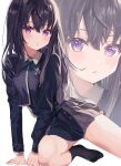  1girl :o absurdres artist_request black_hair black_socks breasts feet hand_on_ground highres inoue_takina large_breasts legs long_hair looking_at_viewer lycoris_recoil lycoris_uniform no_shoes one_knee open_mouth purple_eyes socks solo thighs uniform 