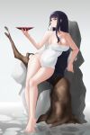  1girl bangs bare_shoulders bare_tree barefoot black_hair blunt_bangs breasts cleavage closed_mouth collarbone cup feet full_body genshin_impact groin highres holding holding_cup large_breasts leaning_to_the_side long_hair naked_towel purple_eyes raiden_shogun sakazuki solo straight_hair thighs towel tree very_long_hair zerotwenty_(020) 