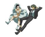  1boy 1girl black_pants black_suit bridal_veil bride cowboy_bebop dress faye_valentine formal_clothes highres jacket necktie pants sona_(mmediocreman) spike_spiegel suit suit_jacket veil wedding_dress white_dress 