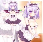  1girl animal_ear_fluff animal_ears apron bangs bare_shoulders black_bow black_bowtie black_dress black_footwear blush bow bowtie breasts cat_ears cat_girl cat_tail cherry cleavage closed_mouth commentary_request dress drinking_straw food frilled_apron frills fruit hair_between_eyes hair_bow hair_ornament highres holding holding_tray large_breasts leaning_forward multiple_views original parted_lips purple_eyes purple_hair purple_wings shikito shoes star_(symbol) star_hair_ornament tail thighhighs tray two_side_up waist_apron white_apron white_thighhighs wings zoom_layer 