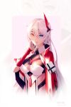  1girl :d absurdres ahoge bangs blue_eyes breasts cleavage closed_mouth gloves hair_ornament heterochromia highres honkai_(series) honkai_impact_3rd jacket kiana_kaslana kiana_kaslana_(void_drifter) long_hair looking_at_viewer nukw27 open_mouth red_gloves red_jacket smile solo white_background white_hair white_jacket yellow_eyes 
