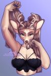  5_fingers anthro breasts brown_hair cervid claws clothed clothing digital_media_(artwork) eyebrows eyelashes female fingers green_eyes hair hi_res mammal purple_hair reina. smile solo 