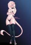  4_toes 5_fingers anthro areola breasts collar digital_media_(artwork) eyebrows eyelashes feet felid female fingers fur hi_res lion mammal navel pantherine pink_body pink_eyes pink_fur pink_haier pink_nose reina. simple_background smile solo standing toes 