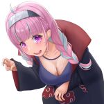  1girl absurdres ahoge akatsuki_uniform alternate_costume aqua_hair aqua_nails blush braid breasts cleavage commentary cosplay fishnets forehead_protector gesture hair_ornament highres hololive large_breasts long_hair minato_aqua nail_polish naruto_(series) nervous_sweating pink_hair purple_eyes simple_background sweat twin_braids uganomono virtual_youtuber wavy_mouth 