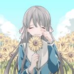  1girl :d blue_serafuku blue_sky blush brown_hair closed_eyes cloud cloudy_sky flower fruits_basket holding holding_flower honda_tooru long_hair long_sleeves okome_shoujo open_mouth school_uniform serafuku sky smile solo sunflower tears wiping_tears yellow_flower 