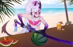  artist_name bar beach beverage black_horn black_tail cloud duo female food fruit hair hi_res holding_object holding_sword holding_weapon horn humanoid humanoid_pointy_ears ice_cube kolaa light_body light_skin long_hair melee_weapon melon mouth_closed outside plant purple_body sea seaside sky solo_focus standing striped_arms striped_horn stripes sword tan_body tinted_glasses water weapon white_hair 