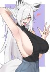  absurdres animal_ears arm_behind_head armpits black_nails blando blue_pants breasts commission discordia_(vtuber) fox_ears fox_girl fox_tail hair_over_one_eye heart highres indie_virtual_youtuber long_hair pants red_eyes sleeveless tail tongue tongue_out virtual_youtuber white_hair 