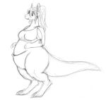 2025 anthro breasts digital_drawing_(artwork) digital_media_(artwork) durg_(artist) female hair hi_res kangaroo long_hair macropod mammal marsupial monochrome open_mouth pouch_(anatomy) simple_background sketch solo standing tail thick_tail thick_thighs white_background