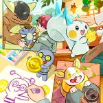  1boy 3others analog_clock antennae artist_request basket beanie berry_(pokemon) black_hair blue_sky brick_floor building clear_sky clock closed_eyes closed_mouth coin commentary_request couch crayon cup dappled_sunlight day disposable_coffee_cup disposable_cup dog drawing_(action) drawing_(object) fangs food fruit gimmighoul gimmighoul_(roaming) glasses grey_hoodie hand_on_another's_head hanging_plant hat holding holding_coin holding_crayon holding_cup holding_food holding_fruit holding_pokemon hood hood_down hoodie hoothoot in_basket in_container indoors kangaskhan leaf minior minior_(blue_core) minior_(core) minior_(green_core) minior_(indigo_core) minior_(orange_core) minior_(violet_core) mouth_hold multiple_others nostrils oddish official_art open_mouth outdoors pachirisu poke_ball poke_ball_(basic) poke_ball_theme pokemon pokemon_(creature) red_hat second-party_source short_hair sitrus_berry sky smile standing sunlight teeth upper_teeth_only wall_clock window wooloo yamper 