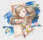  1girl ;p arm_up ball beach beachball bikini breasts commentary commission cropped_torso earrings english_commentary floral_print floral_print_bikini hair_ornament hairclip highres jewelry large_breasts navel ocean one_eye_closed persona persona_5 print_bikini scrunchie shell solo stomach swimsuit takamaki_anne tongue tongue_out tree twintails upper_body v vgen_commission water wrist_scrunchie zedoraart 